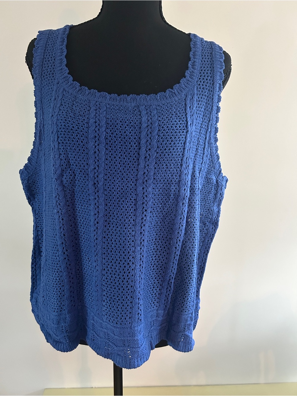 Blue Openwork Knit Scoop Tank Top